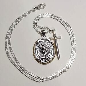 22in 925 Silver Figaro Necklace W/ St. Michael & Sword Men's Women's Faith Gift